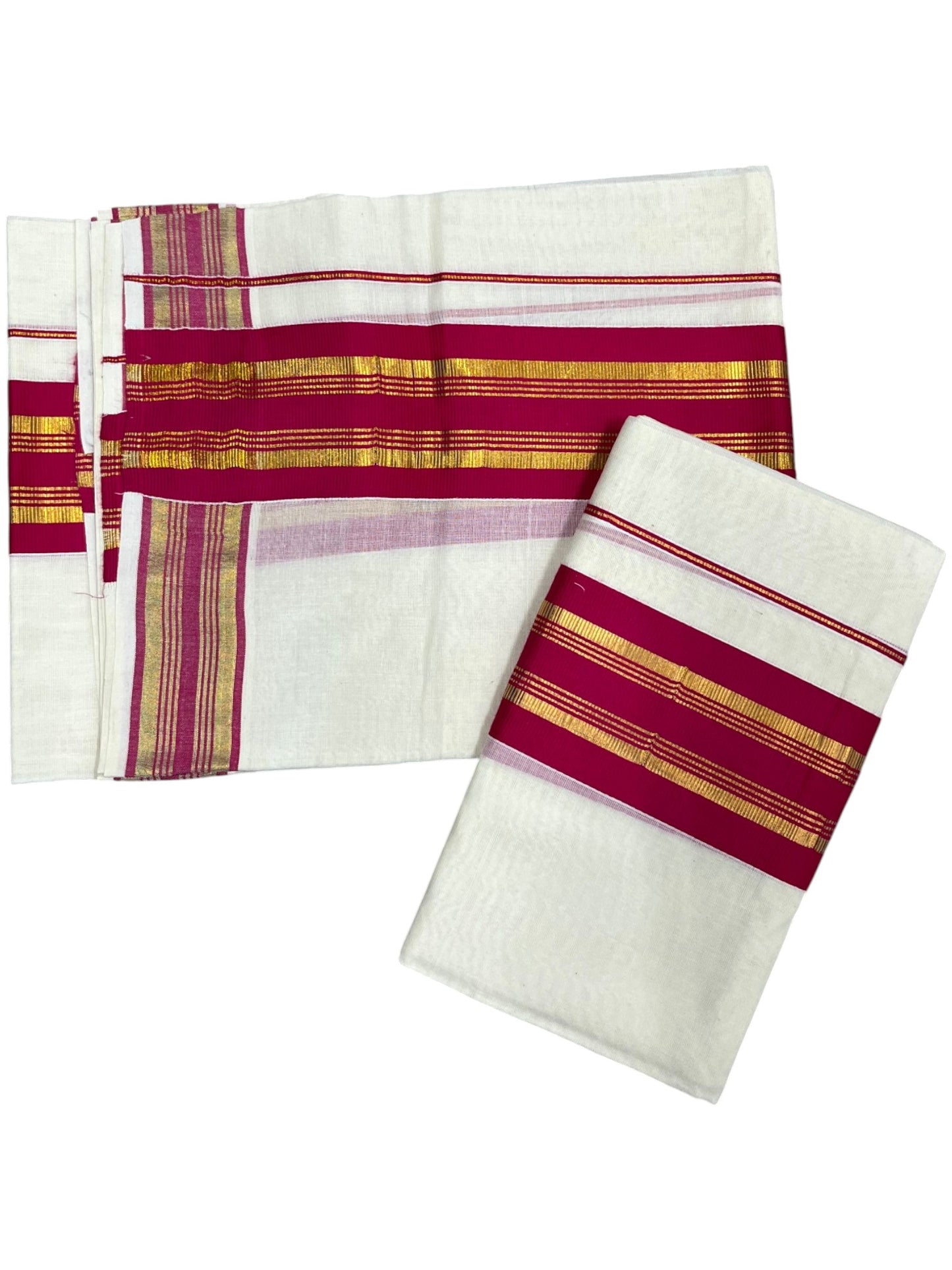 Southloom Kerala Cotton Kasavu Set Mundu (Mundum Neriyathum) with Kasavu and Dark Pink Border 2.80 Mtrs SLKK