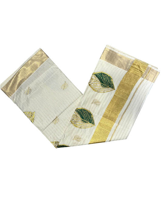 Southloom Kasavu Lines Saree with High Quality Embroidery Work in Kasavu and Green