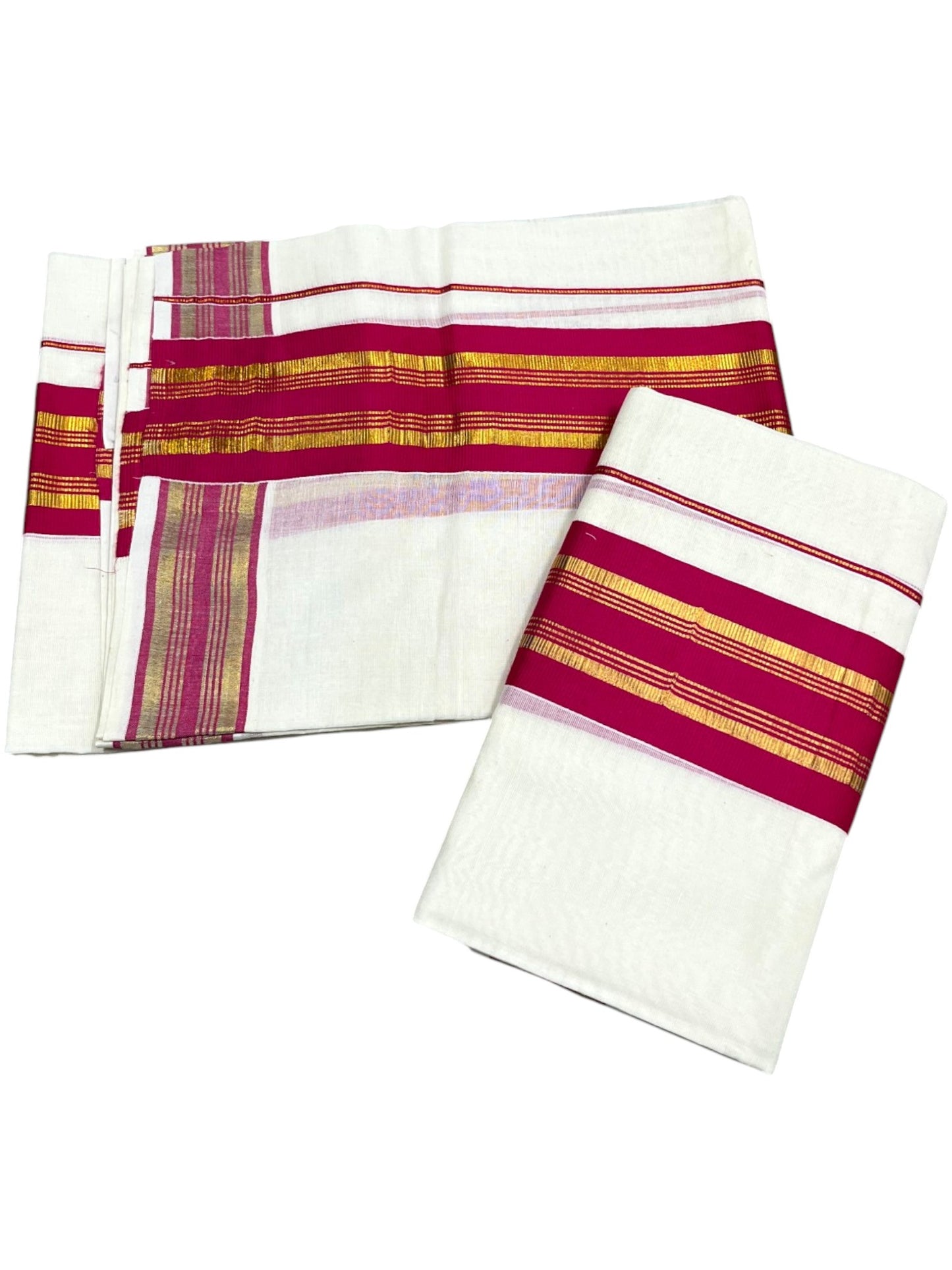 Southloom Kerala Cotton Kasavu Set Mundu (Mundum Neriyathum) with Kasavu and Dark Pink Border 2.80 Mtrs SLKK