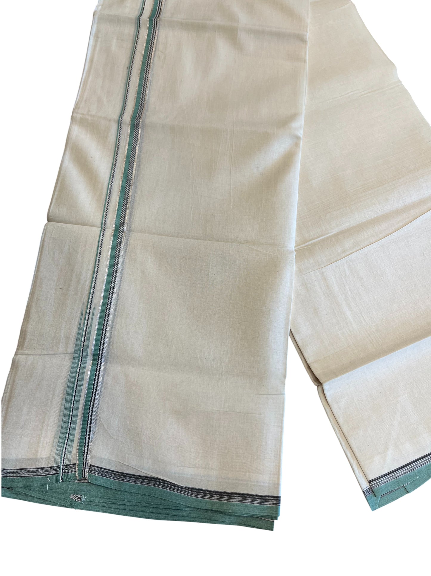 Southloom Pure Cotton Mundu with silver and Green Border (South Indian Kerala Dhoti)South Indian Kerala Dhoti)
