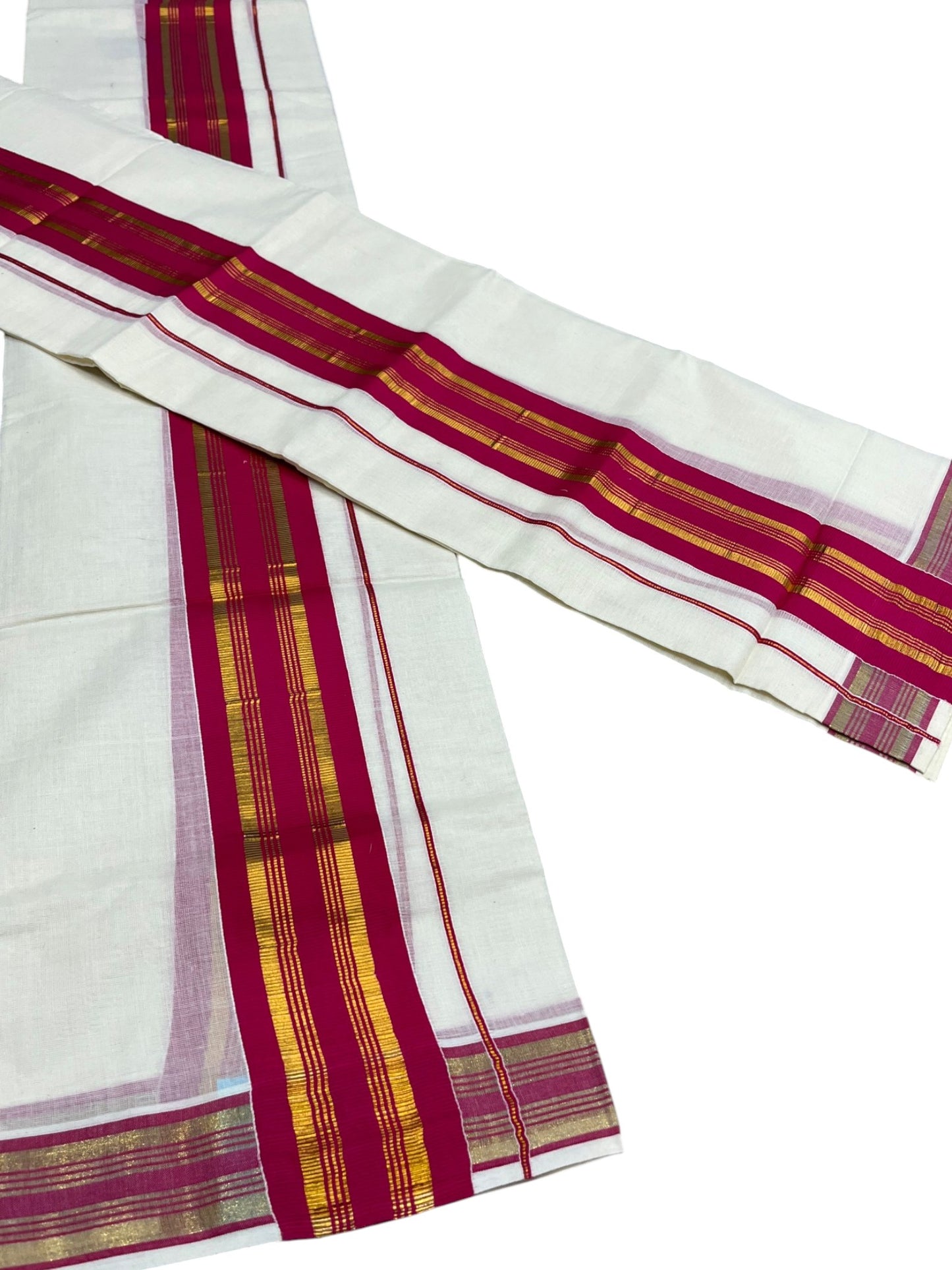 Southloom Kerala Cotton Kasavu Set Mundu (Mundum Neriyathum) with Kasavu and Dark Pink Border 2.80 Mtrs SLKK