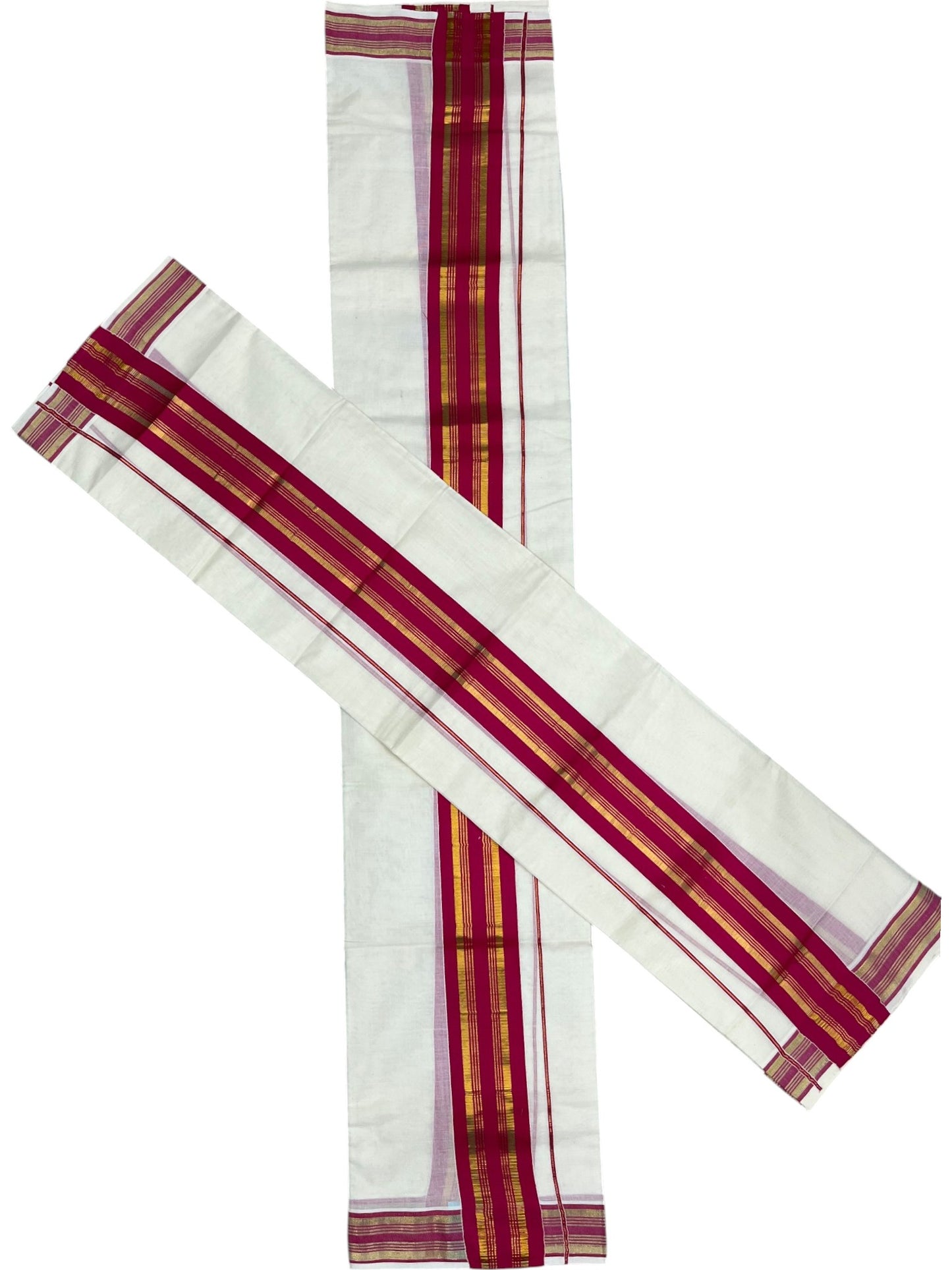 Southloom Kerala Cotton Kasavu Set Mundu (Mundum Neriyathum) with Kasavu and Dark Pink Border 2.80 Mtrs SLKK