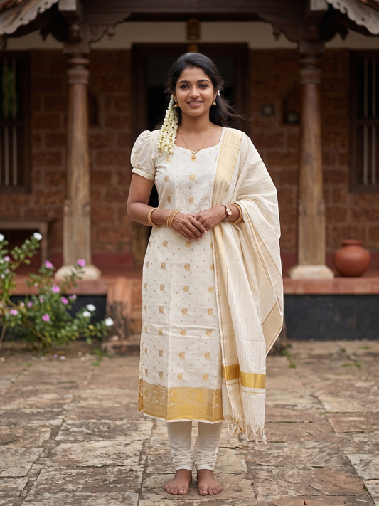 Southloom™ Cotton Churidar Salwar Suit Unstiched Material with Peacock Woven Design (include Lines Shawl / Dupatta)