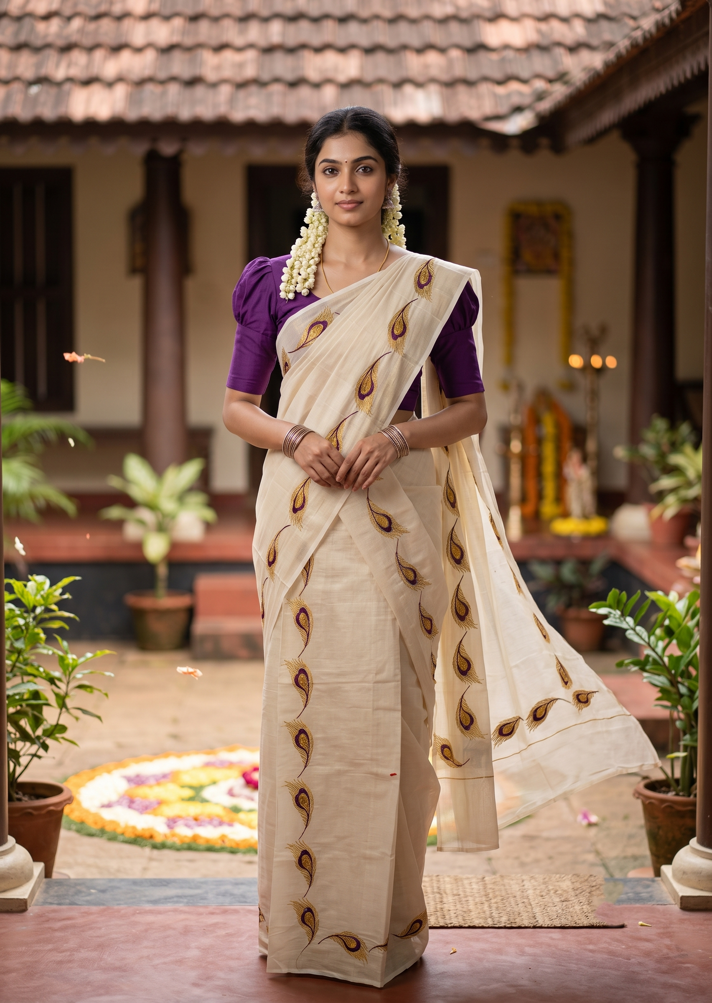 Southloom Kerala Tissue Kasavu Single Set Mundu (Mundum Neriyathum) Purple and Golden Feather Embroidery Work