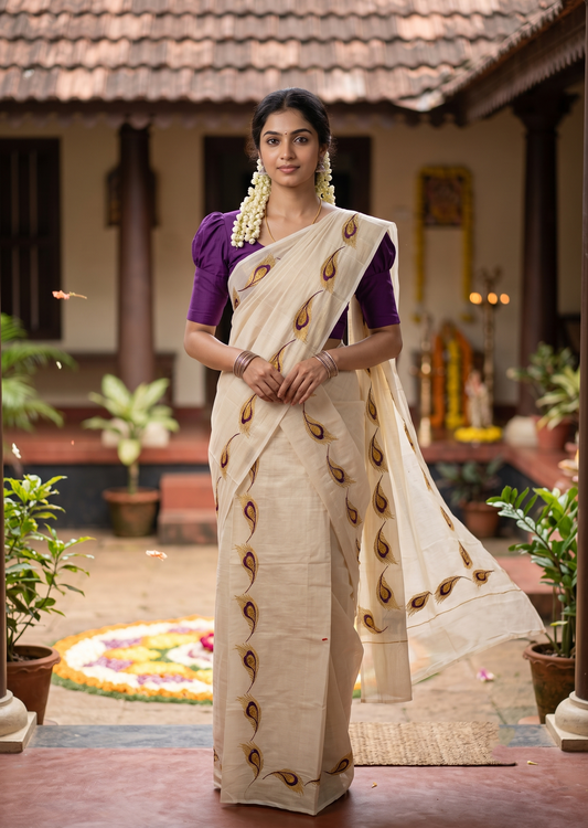 Southloom Kerala Tissue Kasavu Single Set Mundu (Mundum Neriyathum) Purple and Golden Feather Embroidery Work
