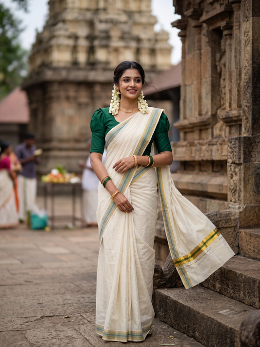 Southloom Pure Cotton Kerala Kasavu Lines Design Saree with Dark Green Border