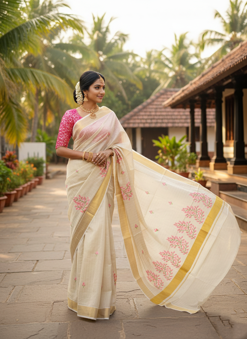 Southloom Tissue Kerala Kasavu Saree with Floral Embroidery Design