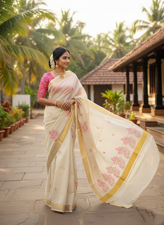 Southloom Tissue Kerala Kasavu Saree with Floral Embroidery Design