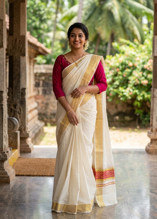 Southloom Kerala Cotton Saree (Rani Pink) SL452