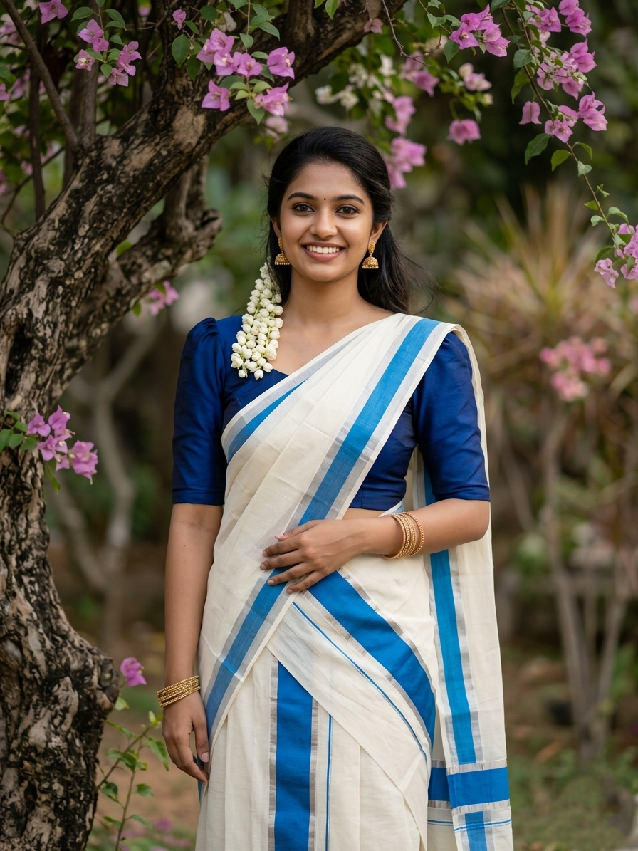 Kerala Cotton Mundum Neriyathum Single (Set Mundu) with Blue and Silver Kasavu Border 2.80 Mtrs SL385