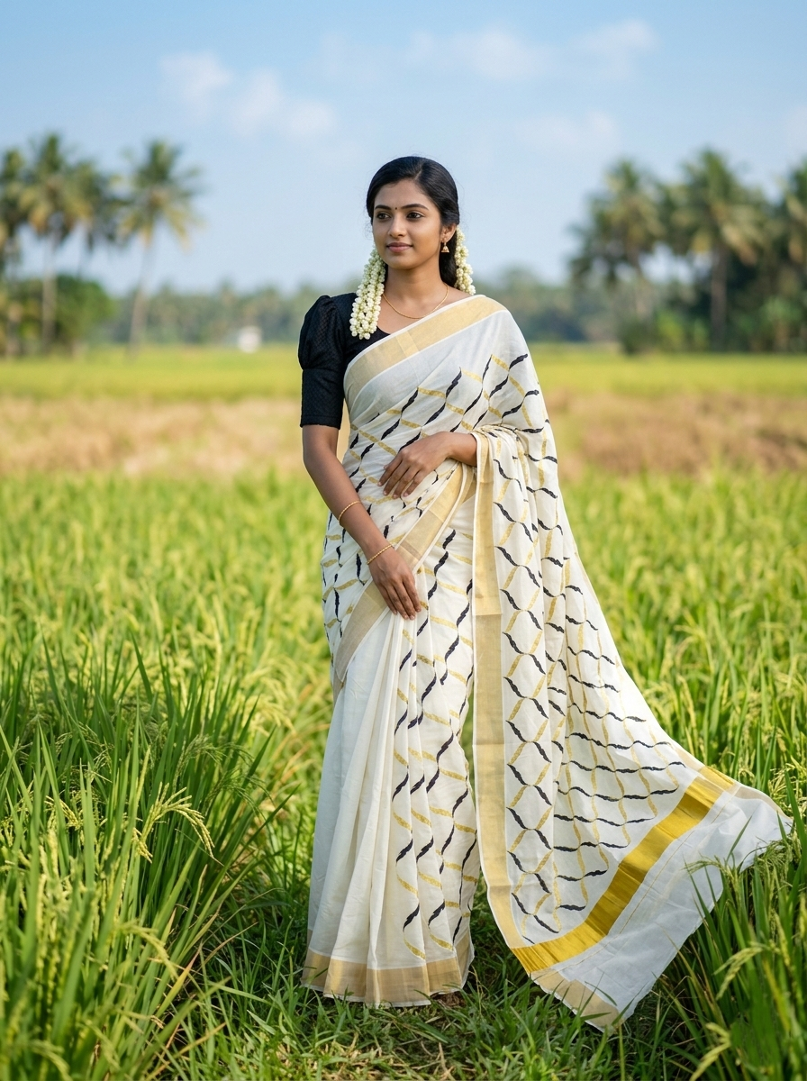 Southloom Cotton Kerala Kasavu Saree with Black and Golden Floral Designs