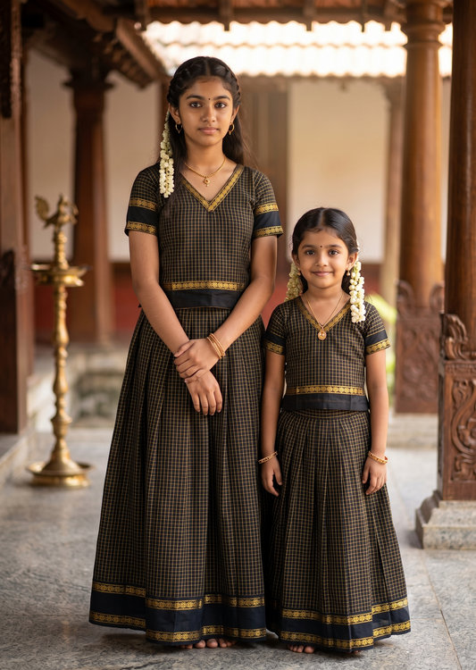 Southloom Kerala Cotton Kasavu Pavada Blouse with for Kids in Black SL583