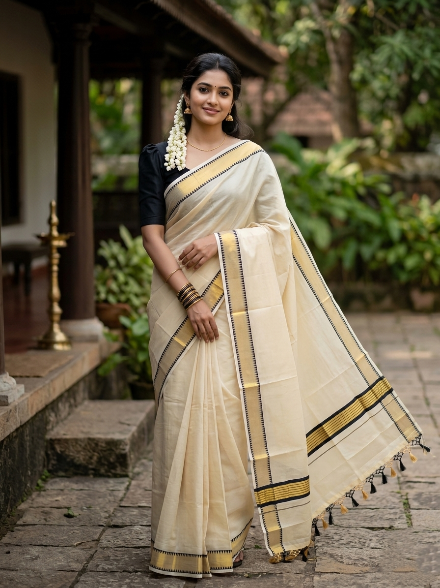 Southloom Kerala Tissue Kasavu Saree With Black Temple Woven Works on Border SL365