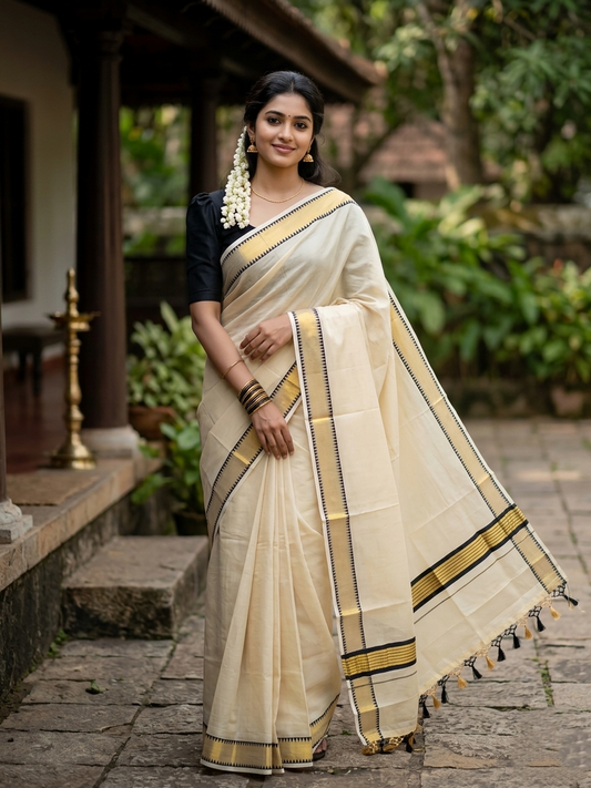 Southloom Kerala Tissue Kasavu Saree With Black Temple Woven Works on Border SL365