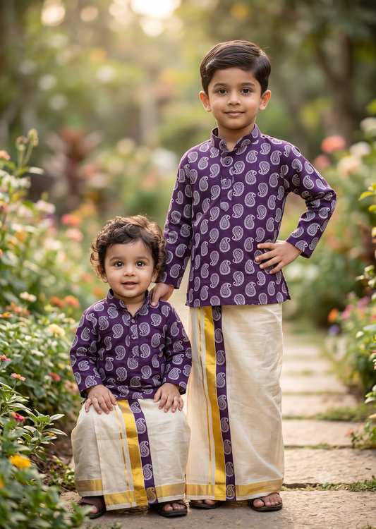 Southloom Tissue Ajrakh Printed Kids's Combo (Shirt + Velcro Mundu) SLKCOMBO