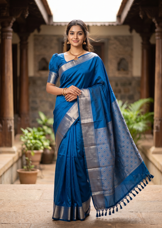 Southloom Silk Saree with Plain Body And Paisley Border in Blue SL552