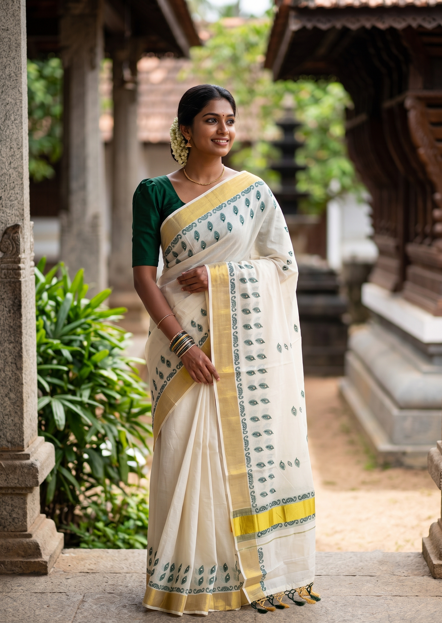 Southloom Cotton Kerala Kasavu Saree with Digital Print on Body in Green SL519