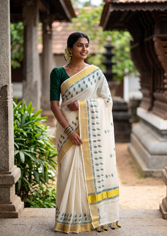 Southloom Cotton Kerala Kasavu Saree with Digital Print on Body in Green SL519