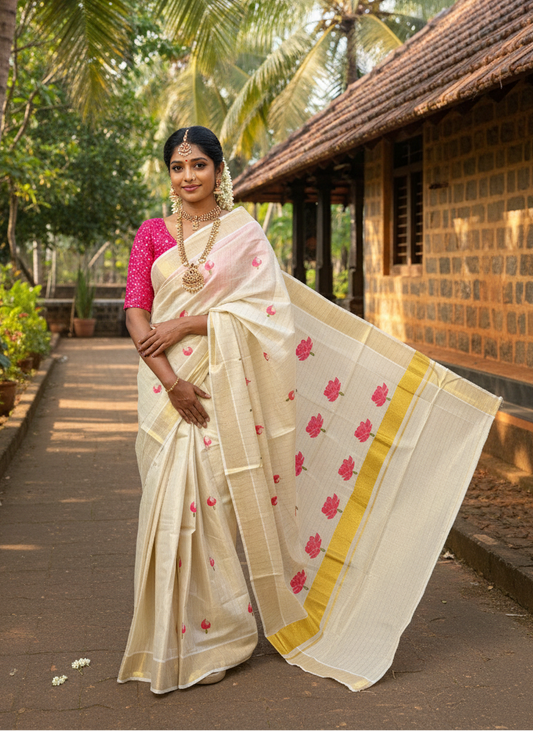 Southloom Tissue Kerala Kasavu Saree with Lotus Embroidery Design