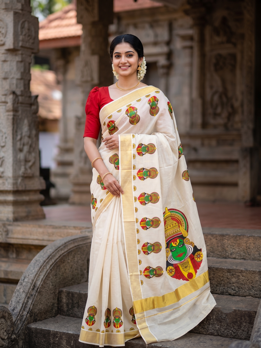 Southloom Kerala Tissue Kasavu Saree with Kathakali Mural Printed Design