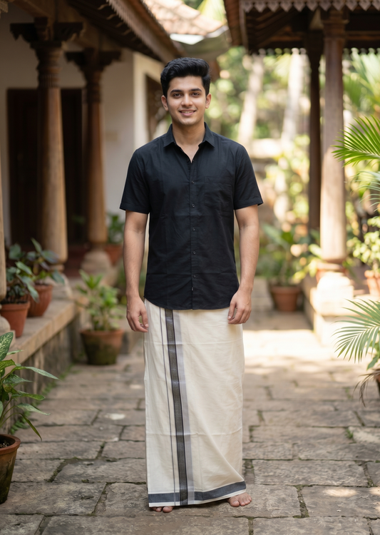 Southloom Kerala Pure Cotton Double Mundu with Grey And Silver Border (South Indian Dhoti)