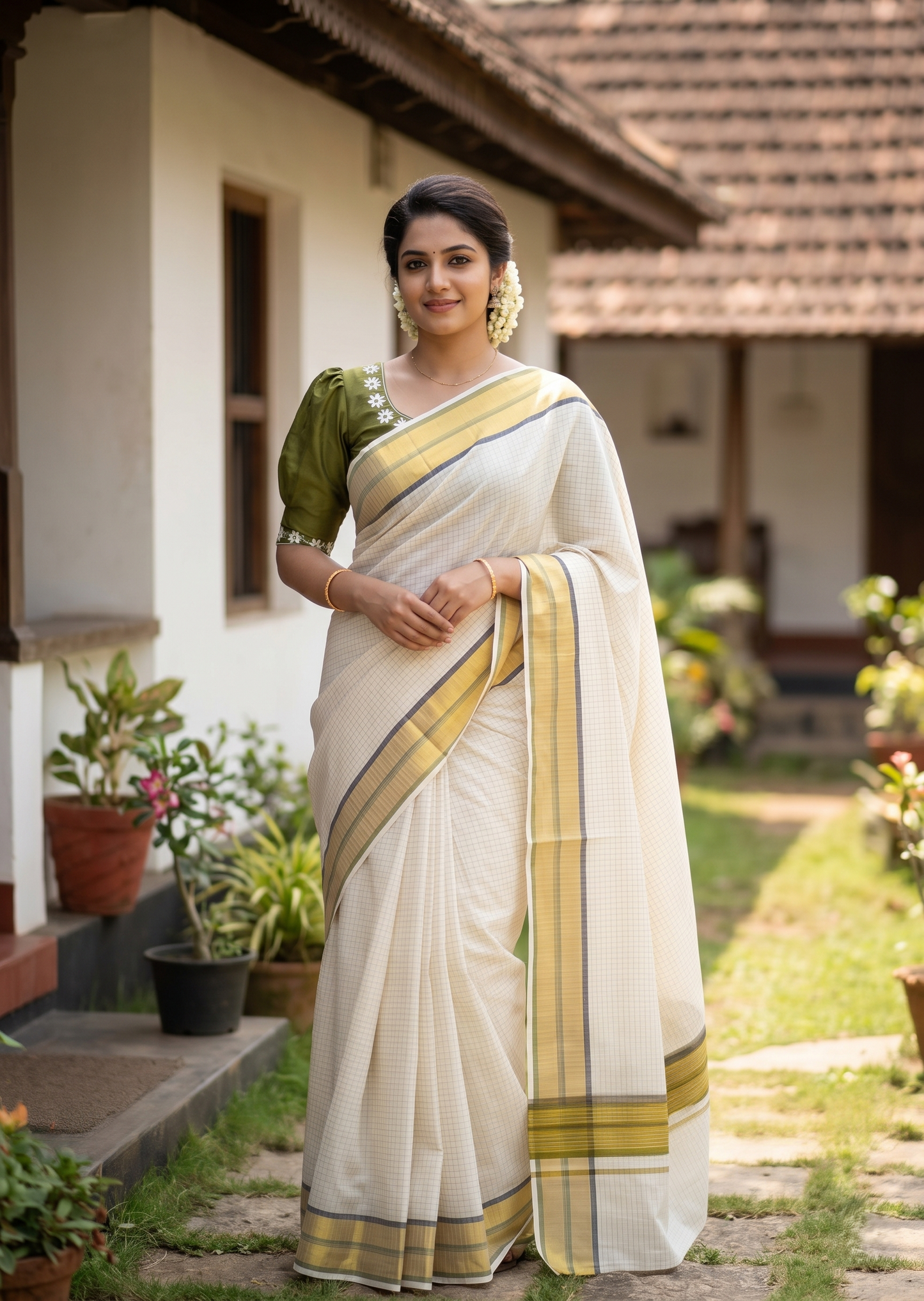 Southloom Kerala Cotton Kasavu Saree with Micro Check Design on Body in Black & Olive Green Border SL453