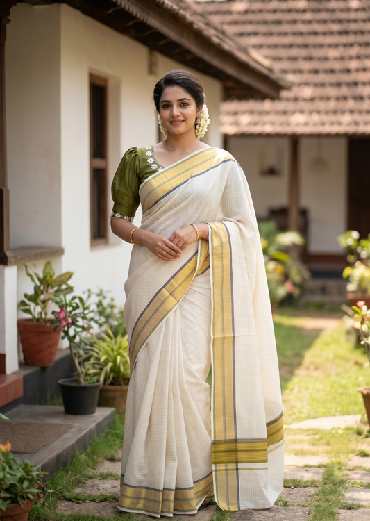 Southloom Kerala Cotton Kasavu Saree with Micro Check Design on Body in Black & Olive Green Border SL453