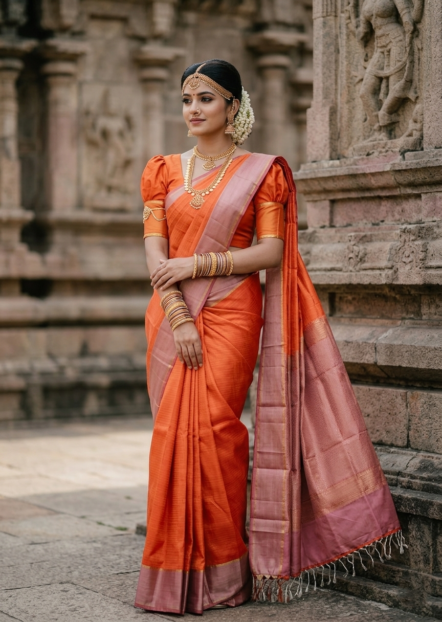 Southloom Pure Handloom Kanchipuram Silk Saree with Butta Work (Orange)