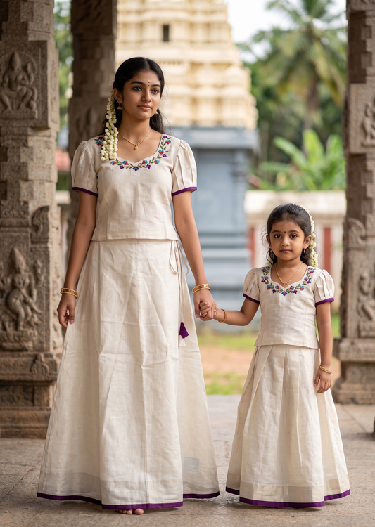 Southloom Kerala Tissue Kasavu Pavada Blouse with for Kids in Purple