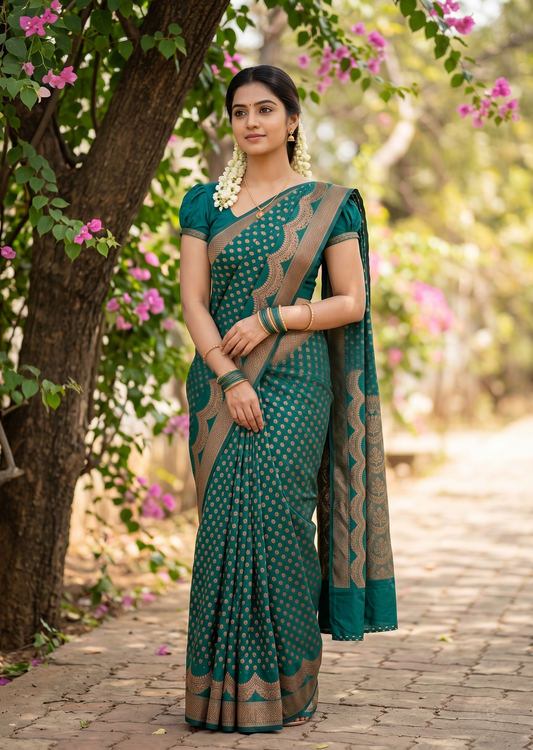Southloom Munga Silk Saree with Woven Work on Body and Borders (Green)