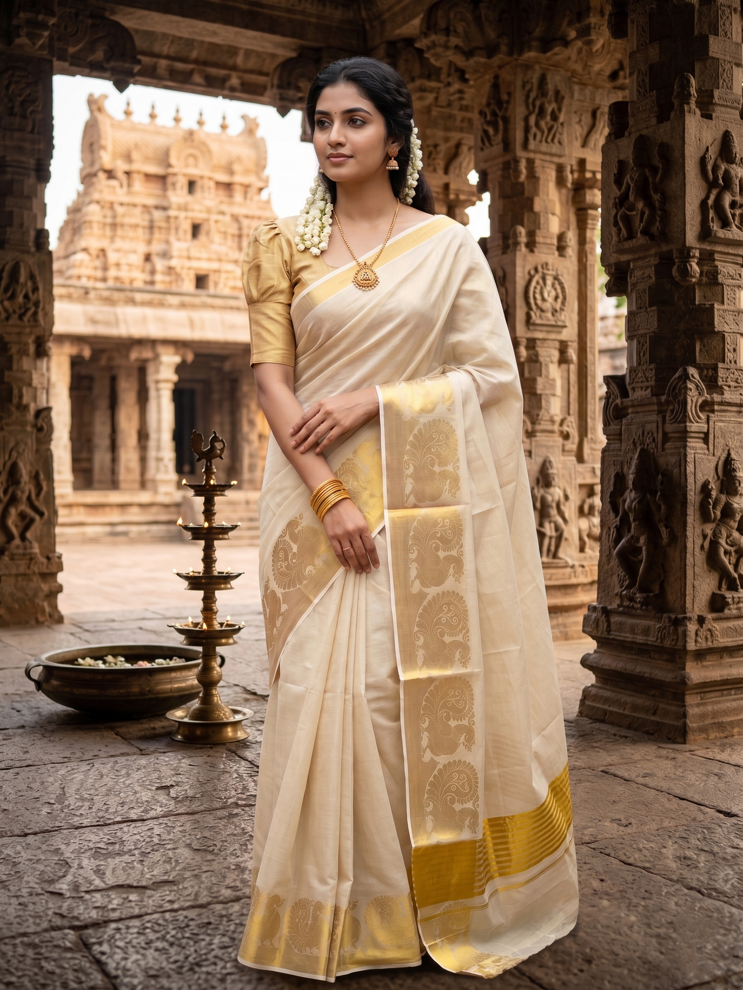 Southloom Kerala Tissue Kasavu Plain Saree with Peacock Design On Border