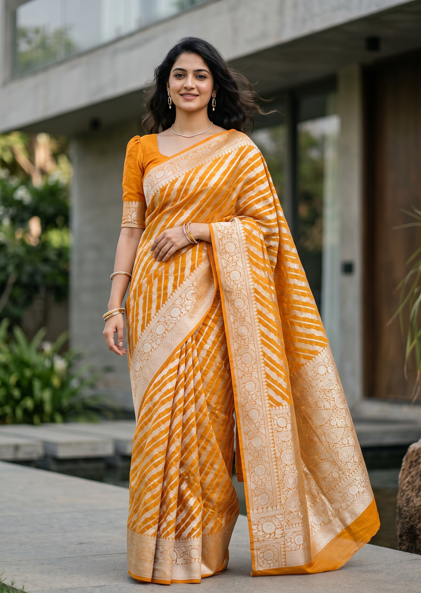 Southloom Cotton Banarasi Silk Saree with Woven Work on Body and Borders (Yellow)