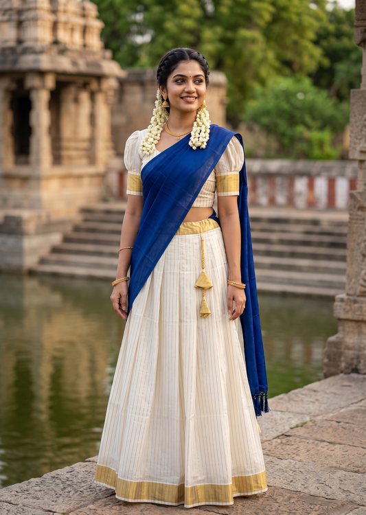 Southloom Semi UnStitched Cotton Stripes Dhavani Set with Pavada and Blouse Piece