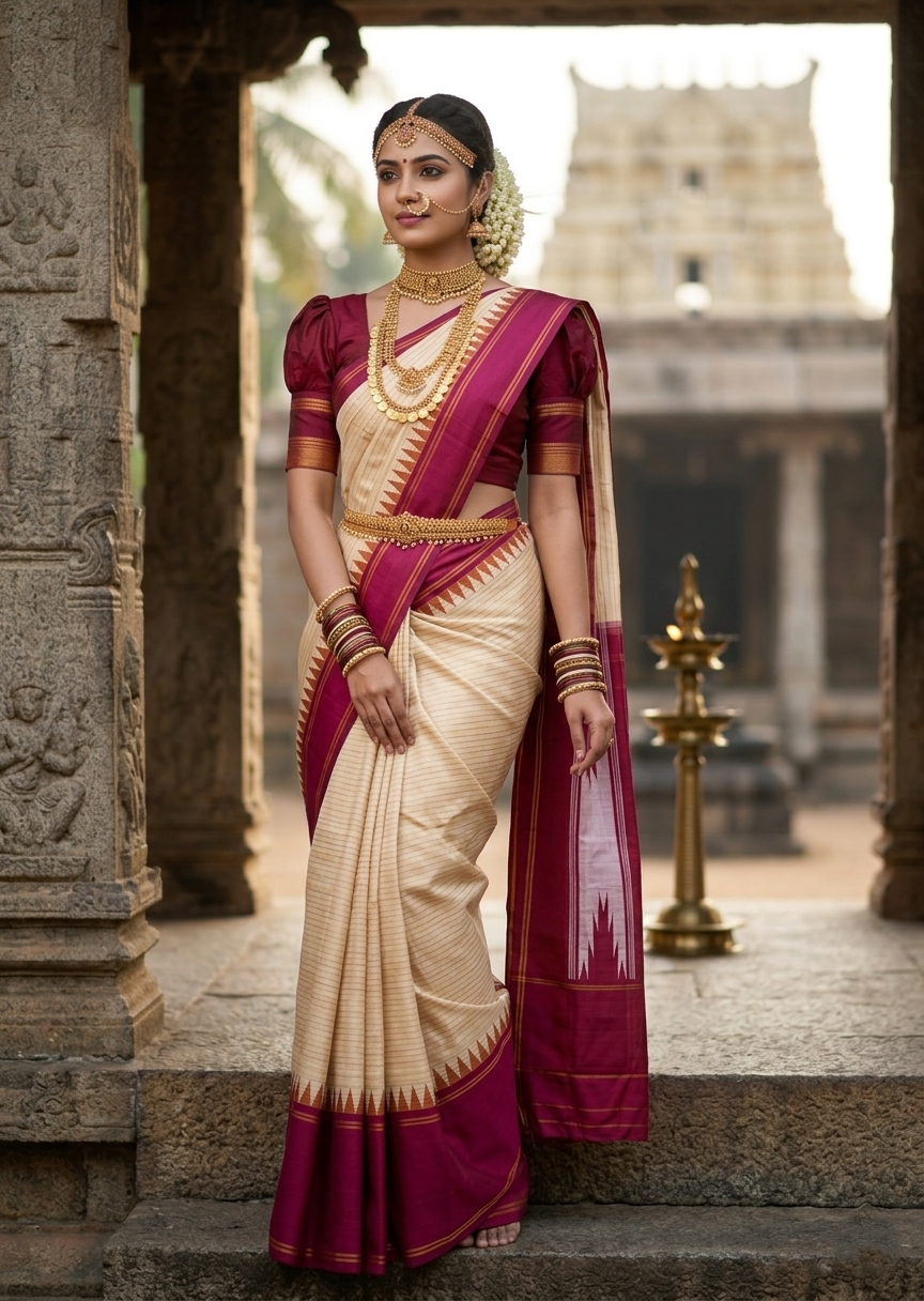 Southloom Pure Handloom Bridal Kanchipuram Silk Saree with Korvai Work (Beige with Maroon and Green Border)