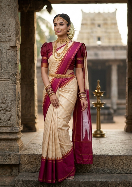 Southloom Pure Handloom Bridal Kanchipuram Silk Saree with Korvai Work (Beige with Maroon and Green Border)