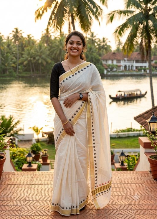 Southloom Kerala Cotton Kasavu Saree With Red And Black Polka Dot Borders