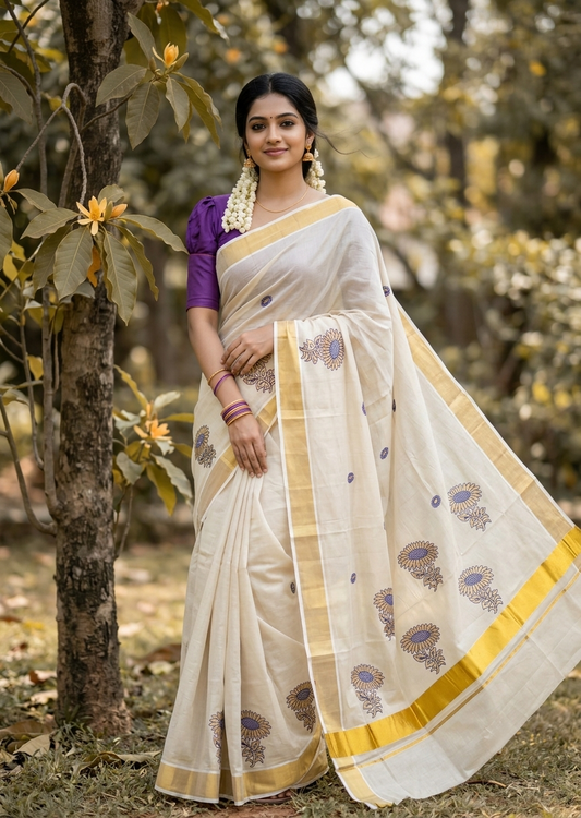 Southloom Kerala Tissue Kasavu Plain Saree with Purple&Gold Floral embroidery work