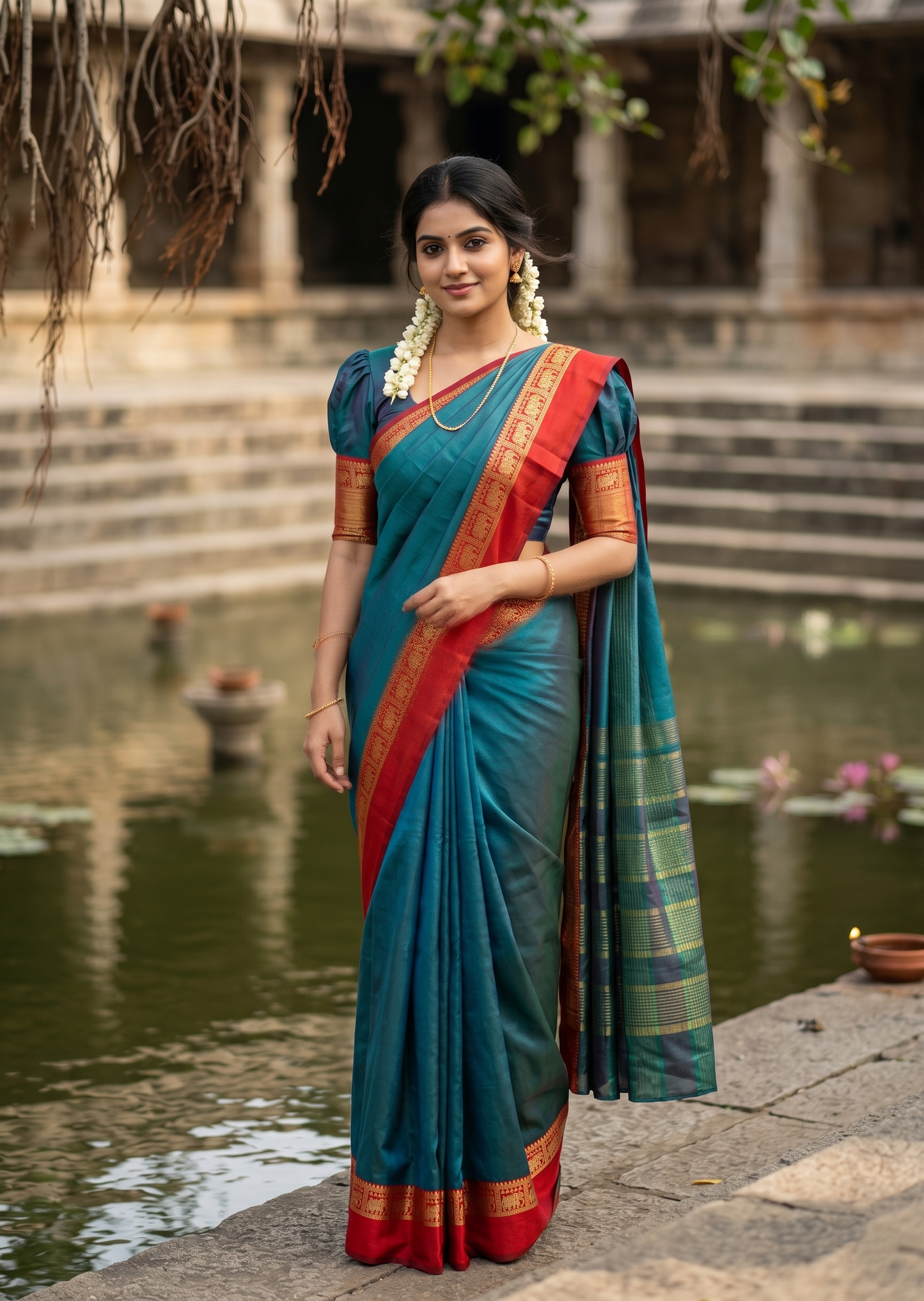 Southloom Kerala Semi Silk Narayan Pett Saree With Woven Work on the Boders With Teal Green