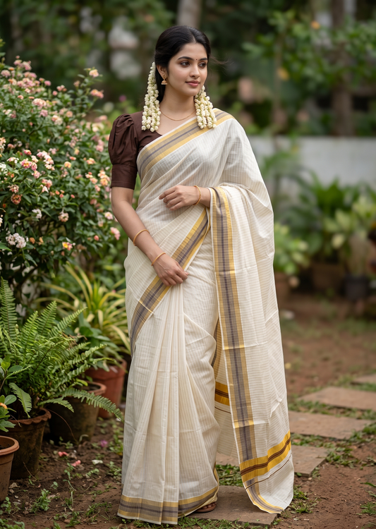 Southloom Pure Cotton Kerala Kasavu Lines Design Saree with Brown Border