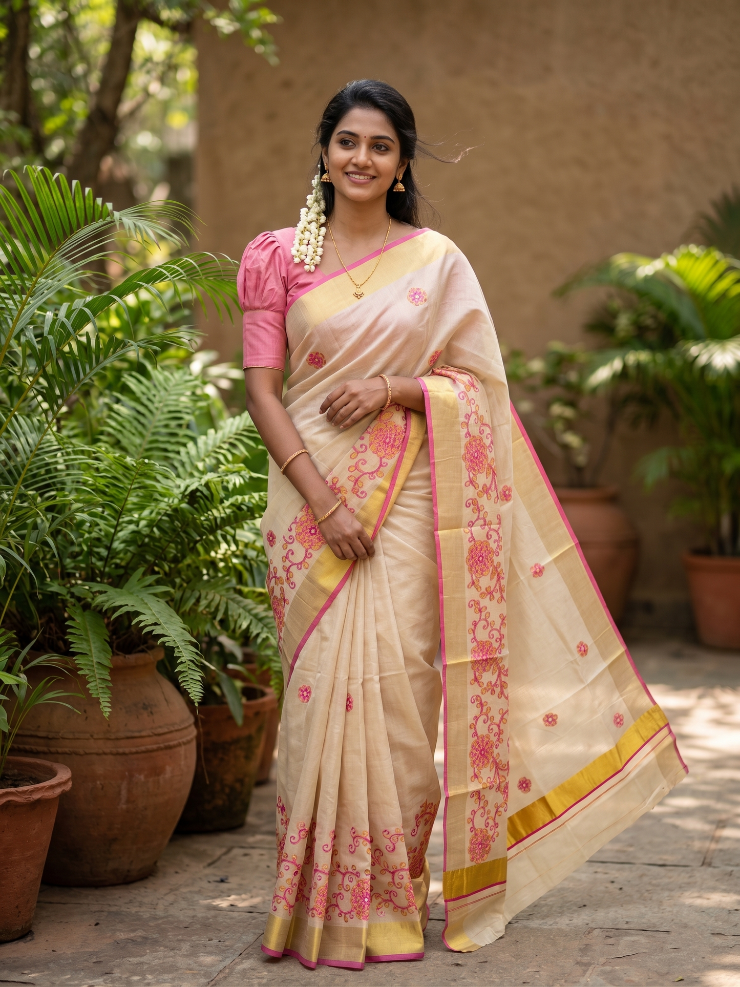 Southloom Kerala Tissue Kasavu Saree With Pink and Golden Floral Embroidery Works