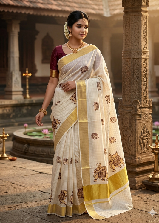 Kerala Cotton Kasavu Saree With Brown Elephant Embroidery Work SL171