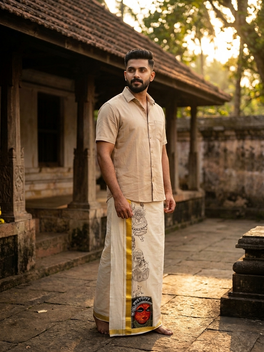 Southloom Pure Cotton Hand Painted Double Mundu (South Indian Kerala Dhoti)SL330
