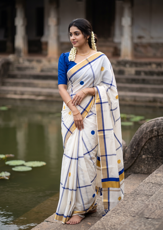 Southloom Kerala Cotton Kasavu Saree with Blue & Gold Polka Works on BodySL581
