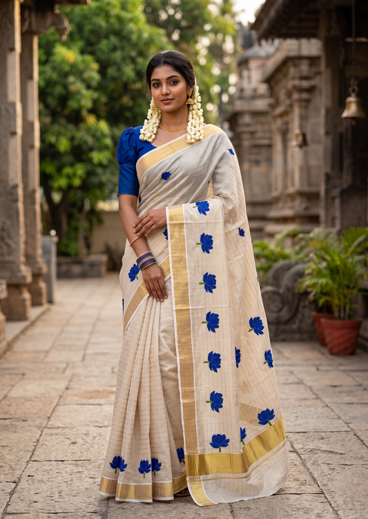 Southloom Kerala Tissue Lotus Blue Embroidery on the body with Gold Kasavu