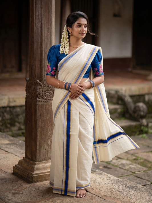 Pure Cotton Kerala Single Set Mundu (Mundum Neriyathum) with Blue and Kasavu Border 2.80 Mtrs SLKK SL470