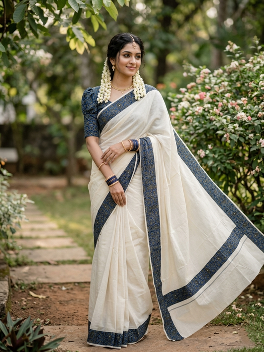 Southloom Cotton Kerala  Saree with Ajrakh Printed
