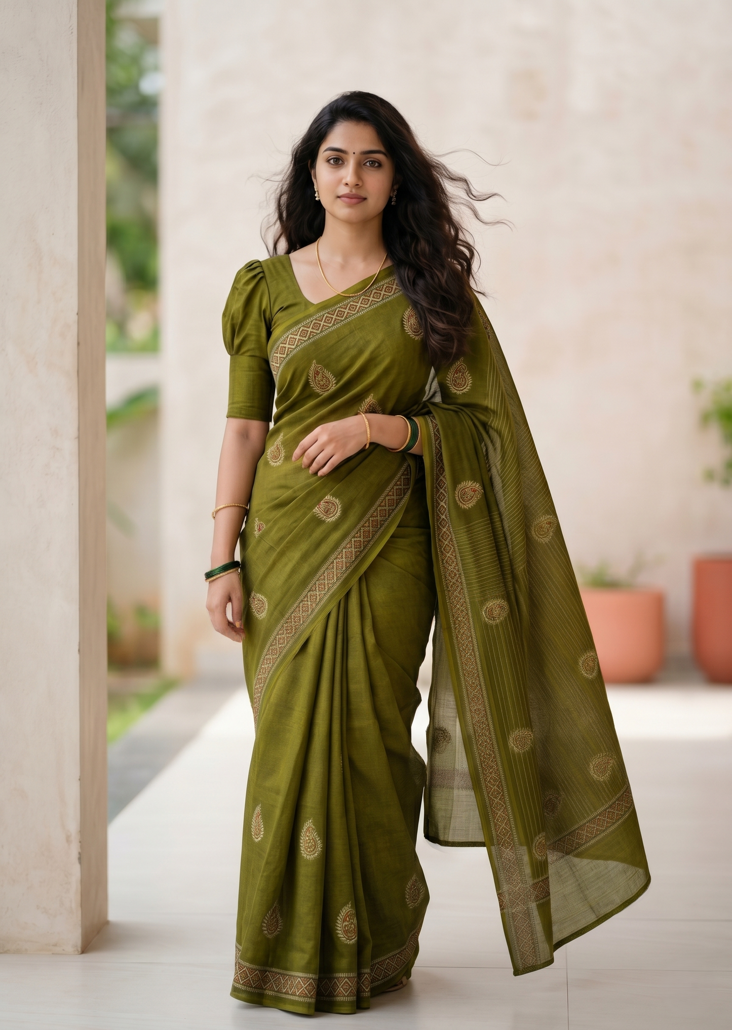Southloom Muslin Cotton Saree With Floral Prints on the Body and Borders