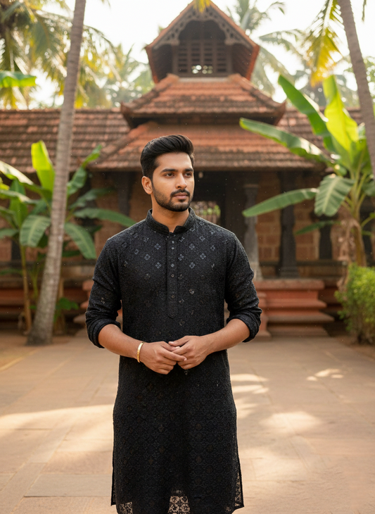 Southloom Chikankari Short Kurta for Men in Black Colour