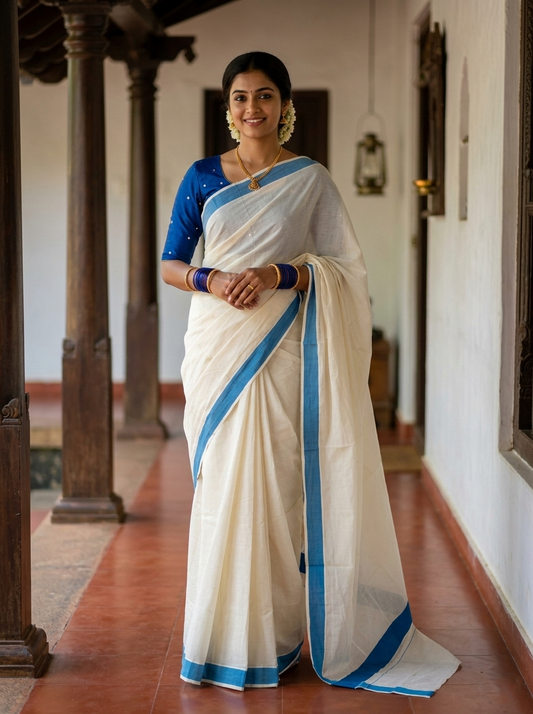 Southloom Kerala Pure Cotton Plain Kasavu Saree with Blue Border