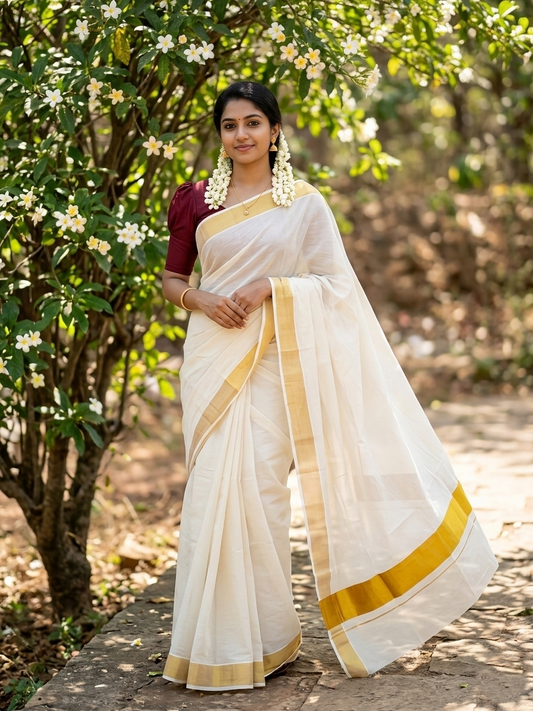 Southloom Pure Cotton Kerala Saree with 3 inch Gold Kasavu Border